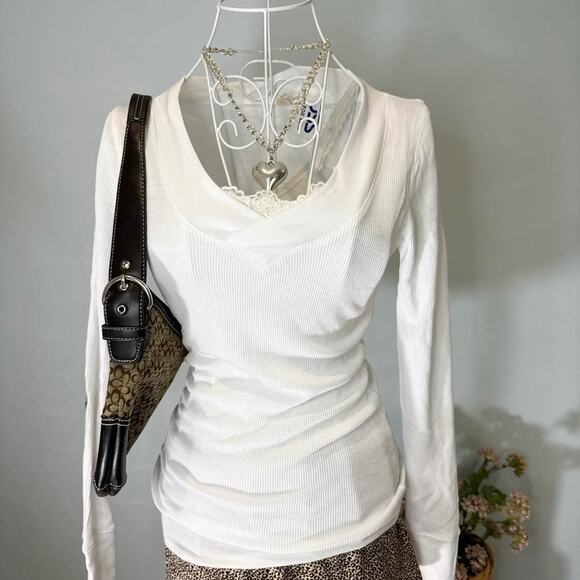 NWT Cute vintage y2k white tight long sleeve Henley grunge v neck top - Picture 3 of 8